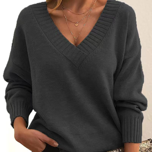 Pulls décontractés pour femmes à col en V, coupe ample, personnalisables, faible MOQ, prix abordable, en coton et viscose, couleur unie - Product Image 4