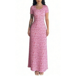 Women's Floral Print Short Sleeve Maxi Dress - <b>Tie</b> <b>Back</b> Bodycon Casual Dresses Fashion - Product Image 1