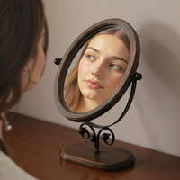 Vintage Single-Sided Solid Wood Silver Finish Oval Vanity Mirror Rotatable Foldable Desktop Standing for Home Dormitory Bedroom
