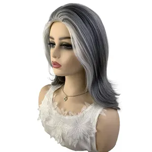 Wholesale Price Womens Wig Free Part Party Fashion Hair Wig for Female Long Natural Wave White Mix Grey Synthetic Hair Wigs