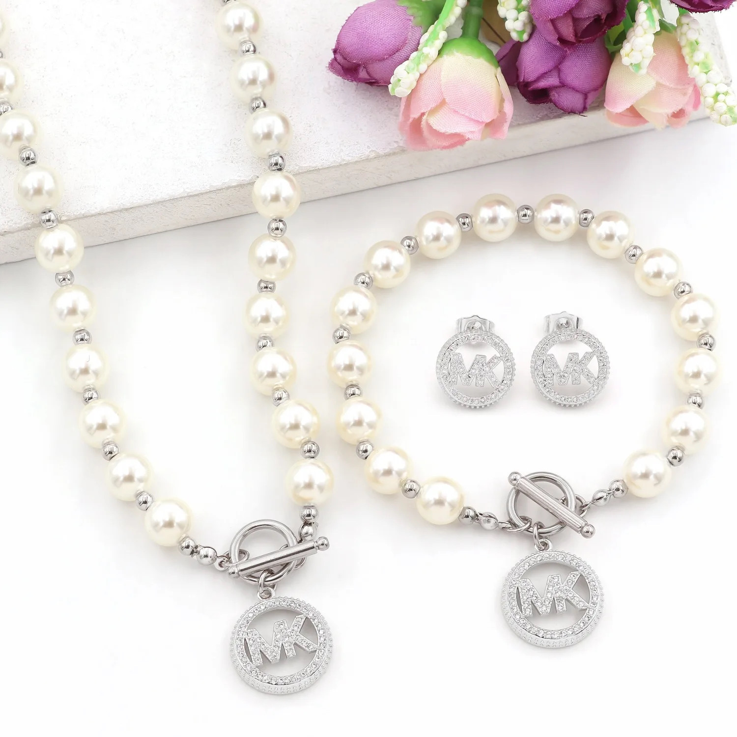 MK pearl silver jewelry set