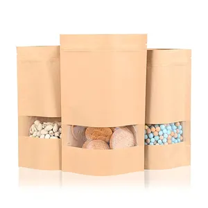 Eco friendly de alta qualidade pequena selável marrom com suporte de janela de embalagem de qualidade alimentar papel de embalar com zíper saco