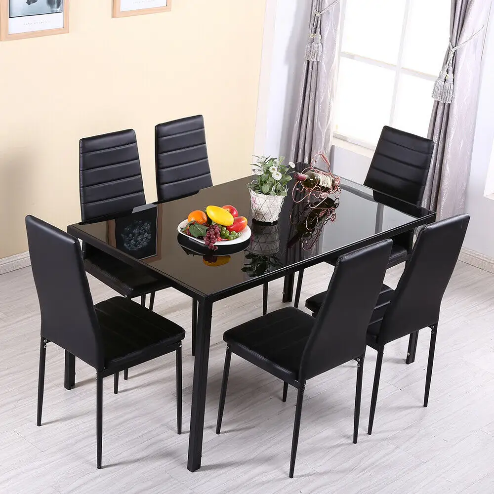 Set di tavoli da pranzo in metallo nero a 4 posti con piano in vetro nero 4 6 8 sedie Set di tavoli da pranzo in vetro temperato a specchio classico di lusso