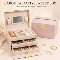 Boîte à bijoux rectangulaire de luxe avec logo personnalisé, 3 étages, en cuir PU, avec miroir, tiroirs, serrure et poignée