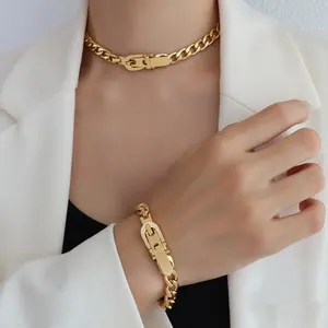 Fashion Stainless Steel Watch Buckle Thick Chain Short Necklace Bracelet Custom Plated 18k Gold Jewelry Necklace Bracelet Set