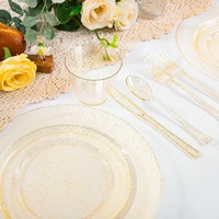 Ensemble de vaisselle jetable en plastique avec paillettes dorées, 150 pièces, comprenant 50 assiettes à dîner/dessert, 75 couverts et 25 gobelets pour fête