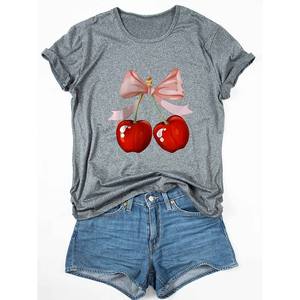 Blouse ou T-<span class=keywords><strong>shirt</strong></span> pour <span class=keywords><strong>femme</strong></span> en tricot respirant, à logo imprimé, design personnalisé, <span class=keywords><strong>avec</strong></span> <span class=keywords><strong>motif</strong></span> nœud cerise - Product Image 3
