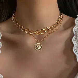 Vintage Multi Layered Lock Portrait Pearl Round Coin Pendants Necklaces For Women Bohemia Gold Key Heart Long Necklace