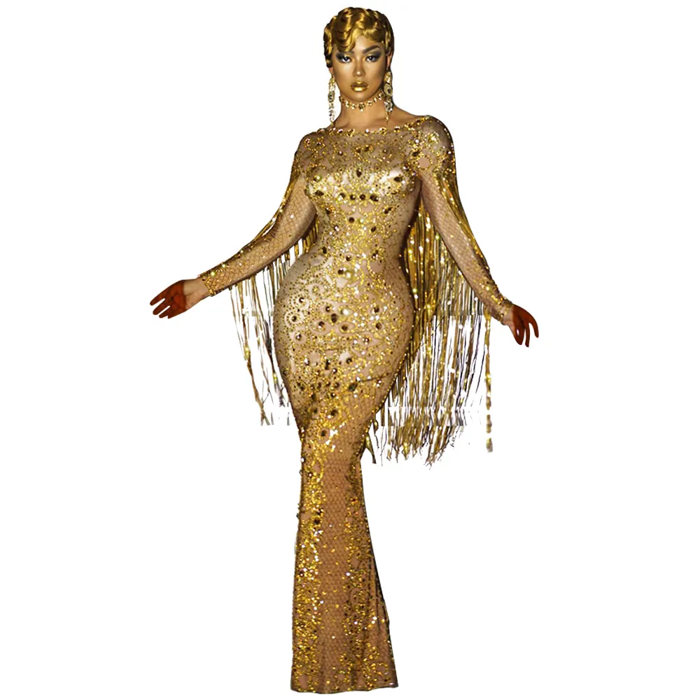 Sparkly Strass Crystal Franjes Bruidsmeisje Bruiloft Jurk Dames Festival Dans Kostuum Bodycon Maxi Club Prom Dresses