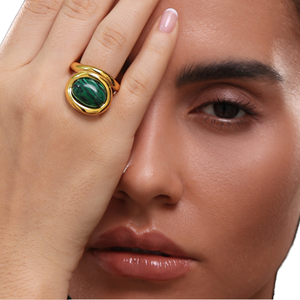 Chunky Thick Red Agate &amp; Vintage Malachite <strong>Statement</strong> <strong>Ring</strong> 18K Gold Plated Stainless Steel Waterproof Band PVD Gold Plated - Product Image 5