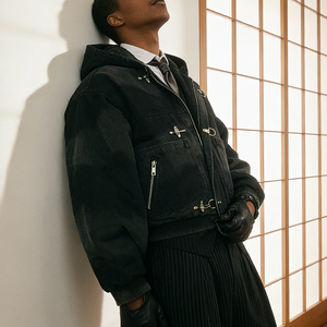 <span class=keywords><strong>Veste</strong></span> à capuche <span class=keywords><strong>en</strong></span> denim streetwear personnalisée OEM, avec boucle frontale, crochet de ponte et fermoir de pompier, style workwear de charpentier <span class=keywords><strong>en</strong></span> tissu peigné, inspirée du style Detroit Work - Product Image 4