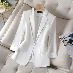 Women Lady Suit Coat Matching Chiffon 3 Quarter Sleeve Thin Coat Solid Color Jacket Suit Lapel Diamond V-neck Elegant Coat
