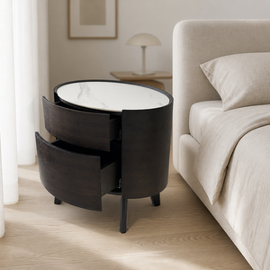 Table de chevet ovale moderne à <span class=keywords><strong>2</strong></span> tiroirs, plateau en pierre frittée blanche, placage de bois fumé, pieds coniques, fermeture douce, pour appartement - Product Image 5