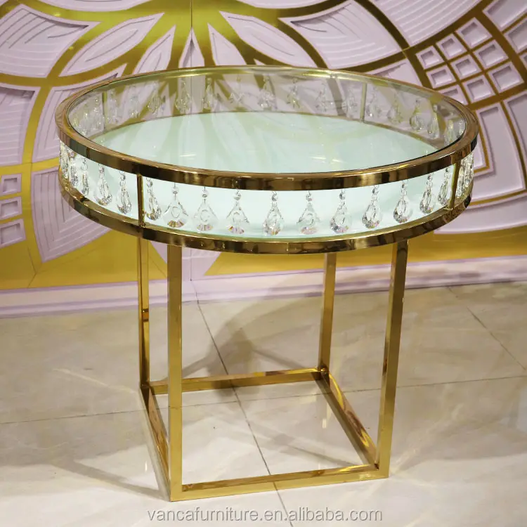 โต๊ะเค้กแต่งงานคริสตัลสแตนเลสสีทอง Mosern สินค้าขายดี