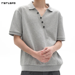 Polo de Algodón Grueso Gris para Hombre, Cierre de Botones Diagonal, Corte Recto, Estilo Minimalista, Prenda Urbana de Diseño - Product Image 1