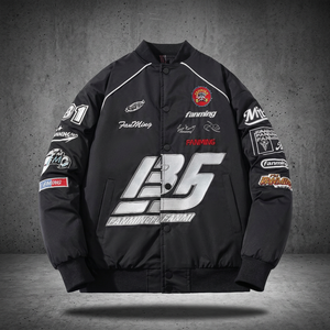 Veste bomber noire pour homme FANMING, imprimé lettres, design patchwork, coupe-vent, style motard, manteau d'automne - Product Image 3