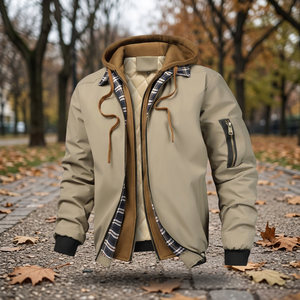 Men's Fall/Winter Zipper Hooded <b>Quilted</b> Canvas <b>Sweatshirt</b> Jacket Plain Dyed High Street Eco-Friendly Windproof for men - Product Image 3
