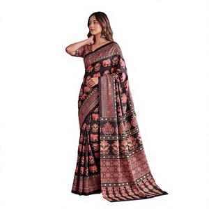 Traditional Indian Silk <b>Saree</b> with <b>Red</b> Elephant Ajrak Print Wedding Wear Women Floor-Length Regular Fit Digital Printing - Product Image 1