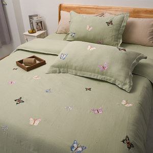 Parure de lit motif papillon en promotion – 4 pièces en <span class=keywords><strong>lin</strong></span> lavé avec broderie lourde pour la maison - Product Image 1