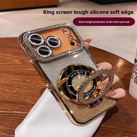 Coque de téléphone en TPU électroplaqué avec support magnétique à strass scintillants pour iPhone 17 Pro Max / Film de protection d'objectif / 16