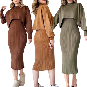 2240新款时尚女装秋冬两件套加厚保暖针织套头毛衣高腰连衣裙休闲女装套装 - Product Image 2
