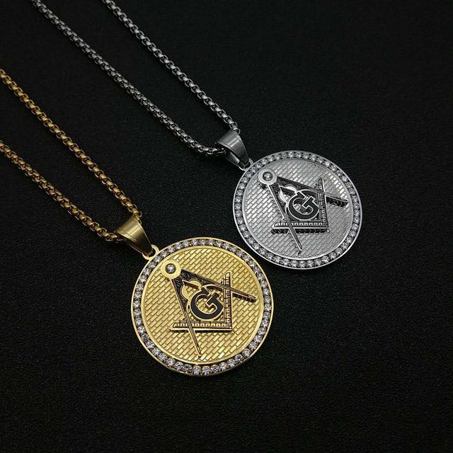 Trendy Hip Hop Zircon Freemason Masonic Mason Waterproof Tarnish Free Stainless Steel Fashion Jewelry Pendant Necklaces Men Male