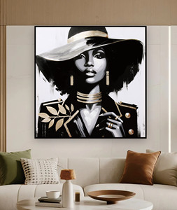 Cuadro <span class=keywords><strong>de</strong></span> Arte Mural Elegante Personalizado: Dama Negra con Sombrero con Detalles en Oro, Pintura <span class=keywords><strong>al</strong></span> Óleo <span class=keywords><strong>de</strong></span> Mujer Africana, Retrato Estilizado - Product Image 1