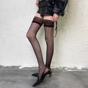 Mu Ruan Thigh High Stockings Peacock Red Ultra Thin 0D Transparent Women's Y2K Style Retro Lace Top - Product Image 2