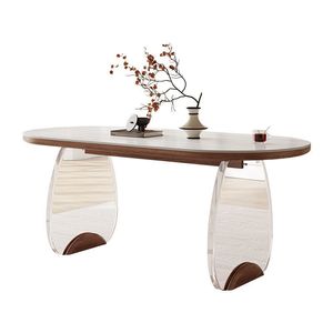 Mesa de Comedor Rectangular de Estilo Moderno y Minimalista con Tapa de Acrílico Travertino y Patas de Madera, Muebles para Sala de Estar - Product Image 5