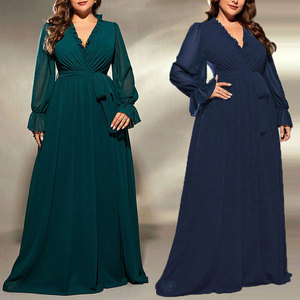 JY-2866 Vestido de Fiesta Largo hasta el Suelo para Mujer, Talla Grande 4XL, Estilo Europeo Popular, Corte en A, Sexy, Cuello en V, Cintura Imperio, Vestido de Noche - Product Image 1