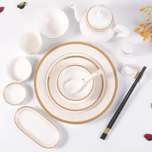 Luxury Europe Style Fine Gold Rim Bone China Dinnerware Set Type Of Dinner Table Ware For Hotel