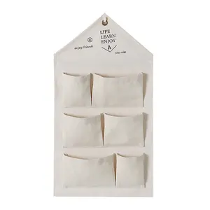 Customized Grid Pattern Cotton Linen Pockets Door Back Storage Organizer Fabric Wall Hanging Storage Bags