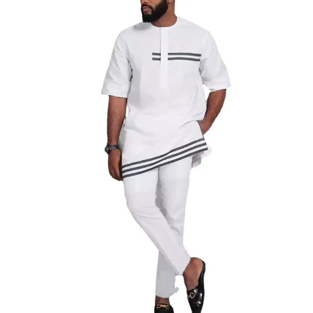 2023 Dashiki African Summer Men Set 2 pezzi outfit White Fashion African Men abiti tradizionali camicia a maniche corte con pantaloni