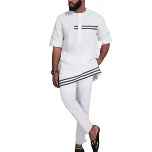 2023 Dashiki africano estate Set da uomo 2 pezzi bianco moda africana da uomo abiti tradizionali <span class=keywords><strong>camicia</strong></span> a maniche corte con <span class=keywords><strong>pantaloni</strong></span> - Product Image 1
