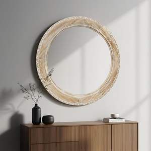 Parisloft 29.5 "รอบผนังกระจกกับกรอบแกะสลักบ้านไร่กระจกไม้วงกลมสำหรับห้องนั่งเล่น, ห้องนอน, ห้องครัว, - Product Image 4