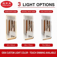 Miroir sur pied Fullkenlight personnalisable, moderne, rétroéclairé par LED, pleine longueur, avec base en bois