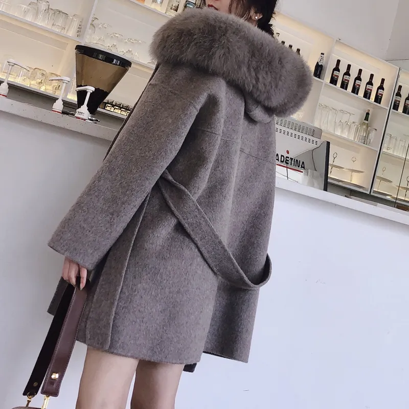 Luxury Womens Clothing 100% Cashmere Coat Fashion Wool Coat Fox Fur HoodedJacket Cashmere Fox Fur Coat