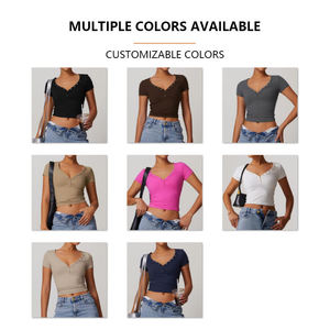 Tops de sport pour femmes OEM, col en V profond, coupe ajustée, manches courtes, anti-rétrécissement, imprimé floqué, course à pied, fitness, vêtements de sport athlétiques - Product Image 6