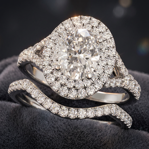 Ensemble de bagues de mariage en diamant ovale cultivé en laboratoire certifié IGI, double halo, or 10K 14K 18K, argent 925 935, bijoux fins - Product Image 1