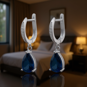 Orecchini Pendenti da Donna E486 Placcati Argento con Pietra Blu Taglio a Pera, Gioielli Classici per Feste - Product Image 2