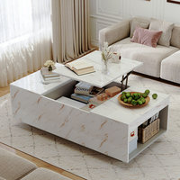 Table basse Kainice moderne en verre marbré et bois, multifonctionnelle, avec chargeur sans fil, lumière LED, plateau relevable, blanche, meuble de maison dissimulé