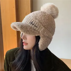 Casquette de base-ball tricotée en fourrure d'agneau pour femme, chapeau chaud avec protège-oreilles, nouvelle collection hiver 2022