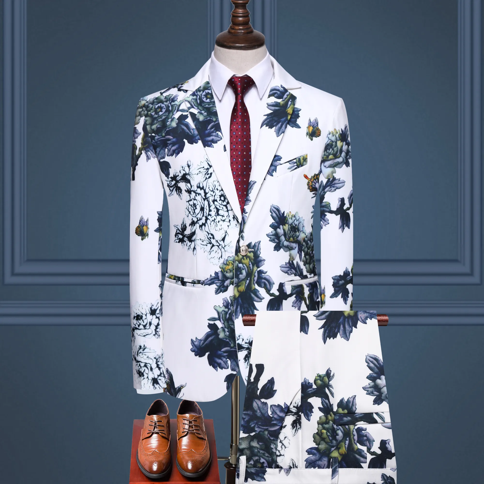 Classic Clothing for Night Club Banquet Floral printing 2 Piece slim fit men suits Casual Business Plus Size Suit for Men