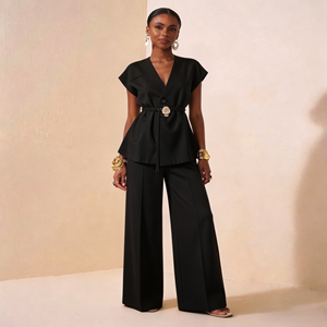 Costume deux pièces tissé pour femme, col halter, couleur unie, <span class=keywords><strong>blazer</strong></span> et pantalon, pour le printemps, l'automne, le bureau, le travail décontracté, les loisirs - Product Image 2