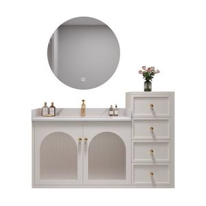 French Cream White Bathroom Vanity Solid Wood Cabinet with Round LED Mirror Ceramic Sink - Product Image 4