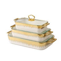 Plat à four rectangulaire en céramique noir plaqué or à double anse, ensemble de cuisson 3 pièces, vaisselle créative pour la maison et la cuisine, compatible micro-ondes