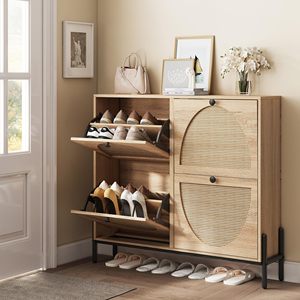 AJUNION Freestanding <strong>Shoe</strong> <strong>Storage</strong> Organizer Cabinet <strong>Rattan</strong> Wood <strong>Shoe</strong> Rack Cabinet <strong>Storage</strong> with 4 Flip Drawers - Product Image 1