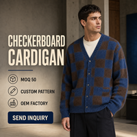Herren Vintage Karierter Strick-Cardigan mit Mohair-Gefühl, Locker Geschnitten, V-Ausschnitt, mit Taschen, für Urbane Streetwear