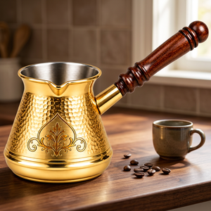 หม้อกาแฟตุรกีทองเหลืองตีลายแบบหรูหราเป็นมิตรกับสิ่งแวดล้อมพร้อมด้ามจับไม้ - Product Image 3