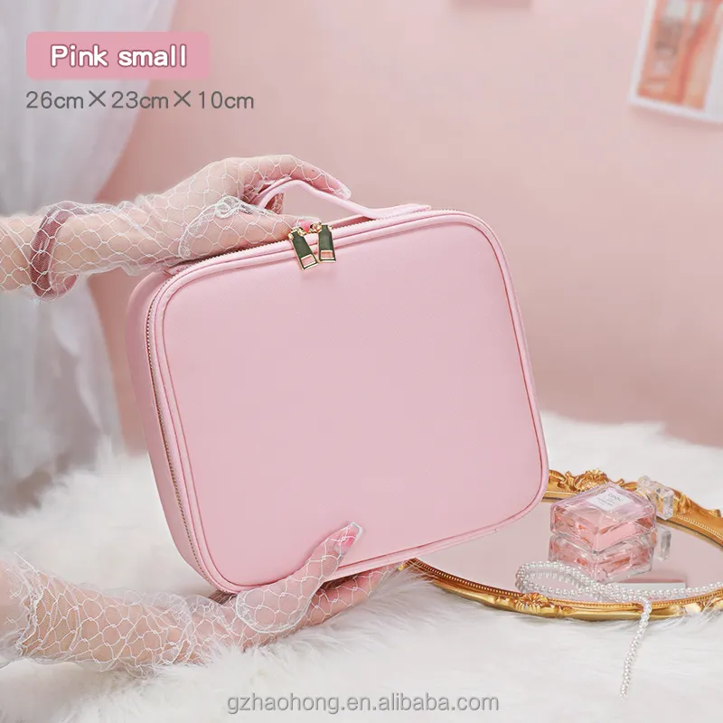 하이 퀄리티 핑크 PU 가죽 휴대용 메이크업 가방 와이트 디바이더 전문 여행 가방 사용자 정의 색상
